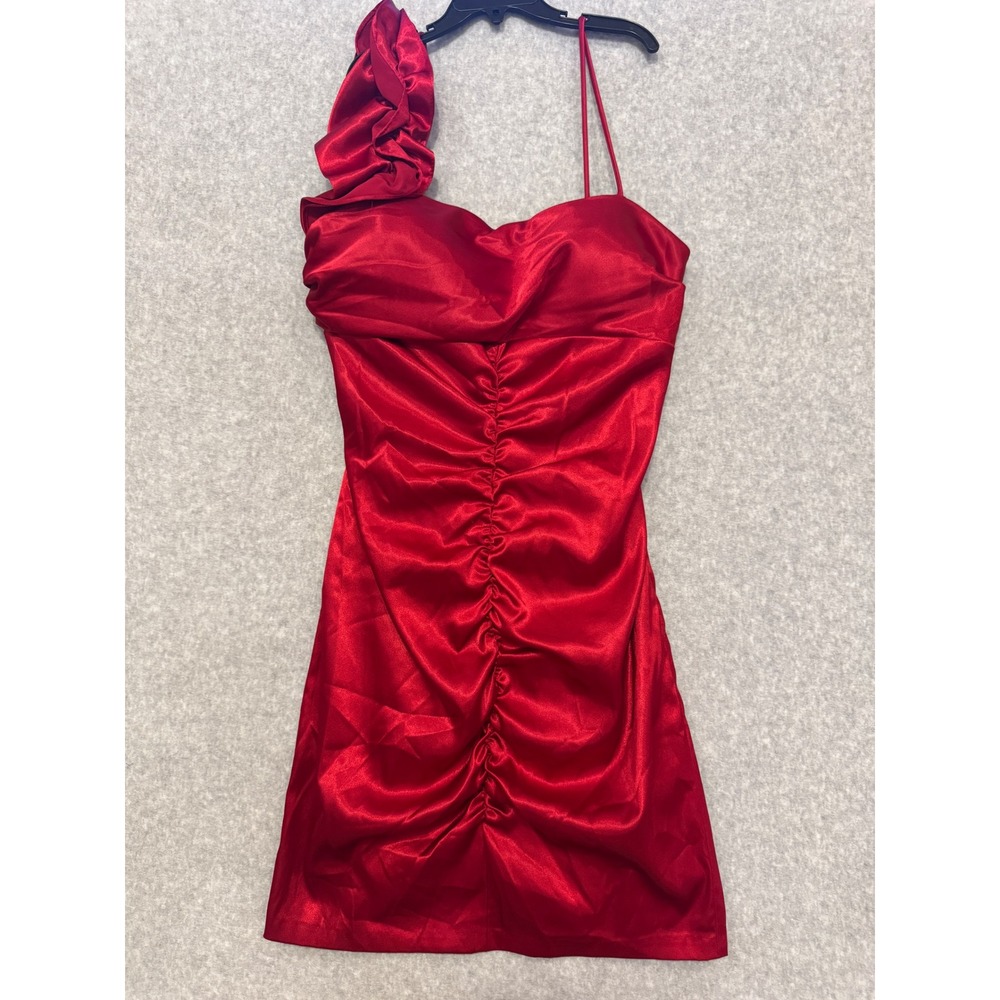 Y2K Jump Apparel Red Satin Ruched One Shoulder Ruffle Mini Dress 5/6 Homecoming
